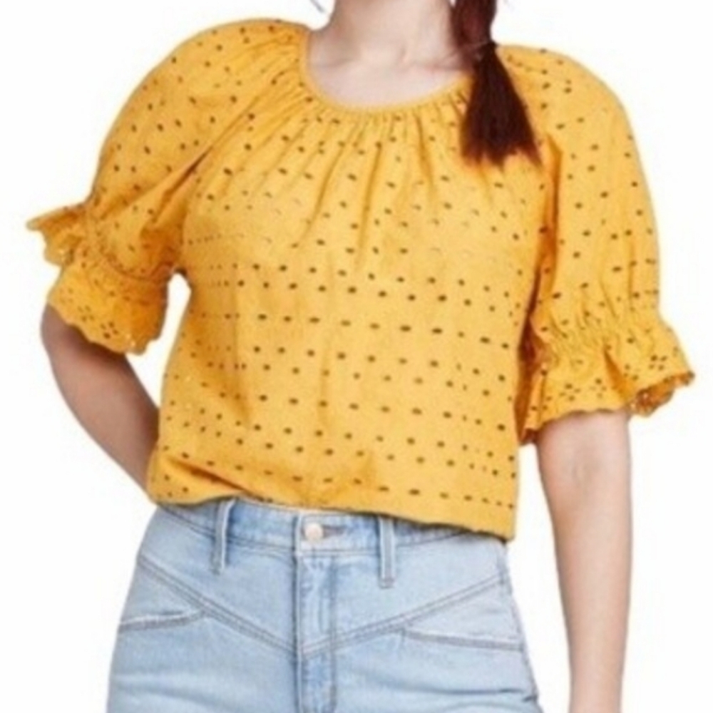 Universal Thread Women’s Eyelet Puff Short Sleeve Mustard Yellow Blouse Size: XL